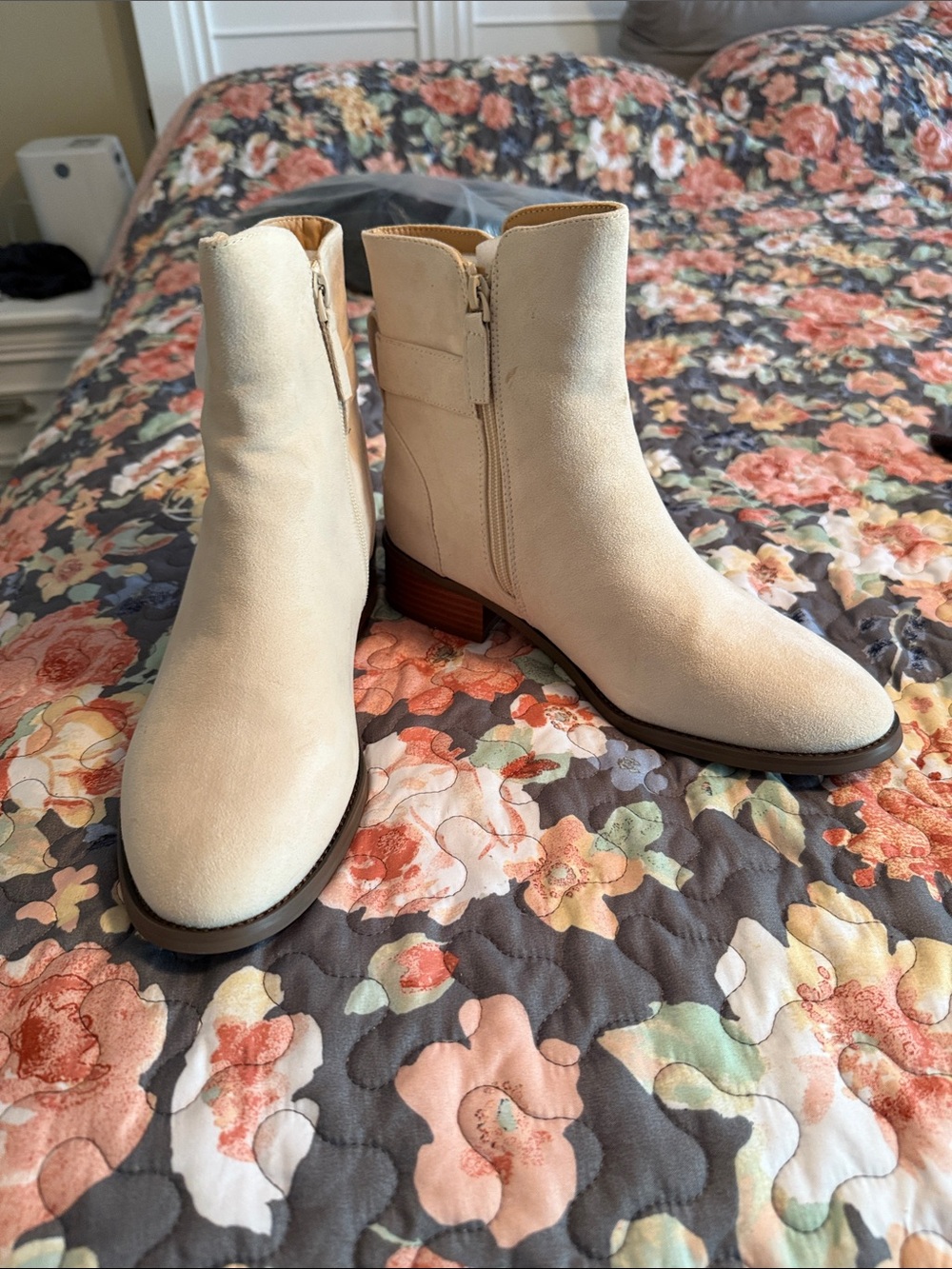 Cream Suede Ankle Booties with Side Zip